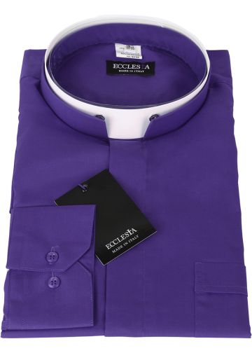 Mens Long Sleeve Premium Tonsure Collar Clergy Shirt (Roman Purple) Imported Italian