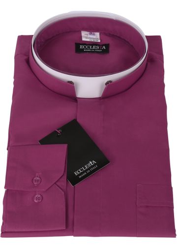 Mens Long Sleeve Premium Tonsure Collar Clergy Shirt (Red Purple) 04