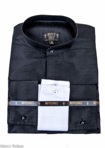 Mens Silk Long Sleeve Roman Collar Clergy Shirt (Black)