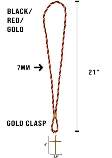Three Tone Clergy Cord (Black/Red/Metallic Gold) With Gold Cross 080