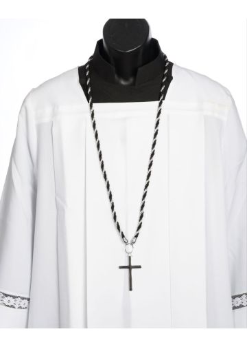Two Tone Clergy Cord 036 (Black/Metallic Silver) With Stainless Steel Cross