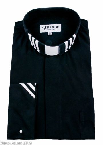 Two Tone Mens Long Sleeve Tab Collar Clergy Shirt (Black/White Stripe)