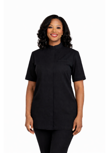 Womens Short Sleeves Roman Collar Clergy Shirt (Black)