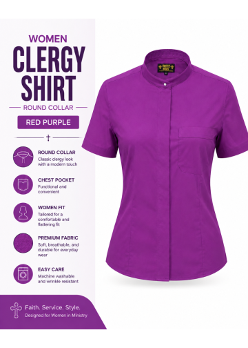 Womens Short Sleeves Roman Collar Clergy Shirt (Red Purple)