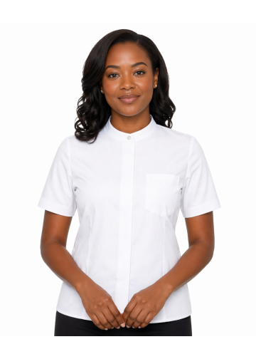 Womens Short Sleeves Full Collar Clergy Shirt (White)