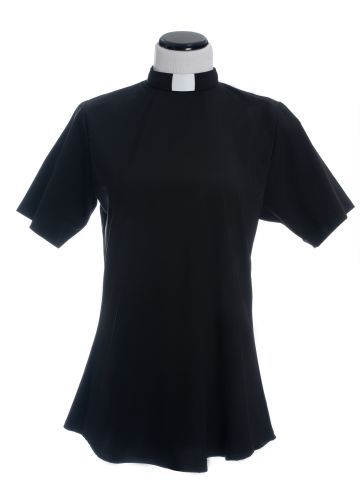 Womens Short Sleeves Tab Collar Clergy Blouse (Black)