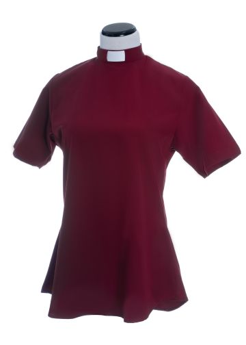 Womens Short Sleeves Tab Collar Clergy Blouse (Burgundy)