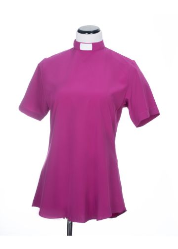 Womens Short Sleeves Tab Collar Clergy Blouse (Fuchsia)
