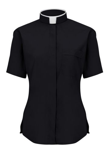 Womens Short Sleeves Tonsure Collar Clergy Shirt (Black)