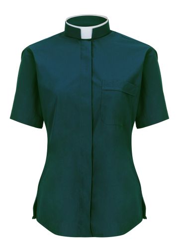 Womens Short Sleeves Tonsure Collar Clergy Shirt (Dark Green)