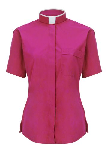 Womens Short Sleeves Tonsure Collar Clergy Shirt (Fuchsia)