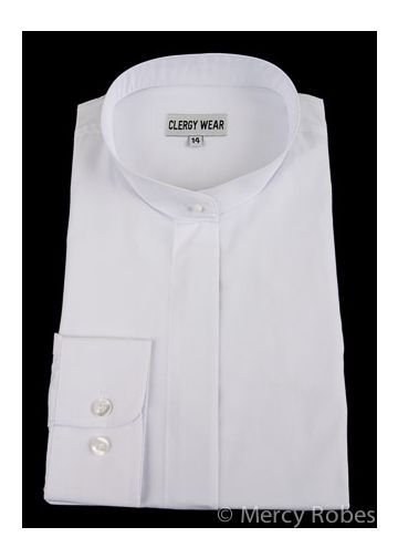 Womens Long Sleeves Full Collar Clergy Shirt (White)