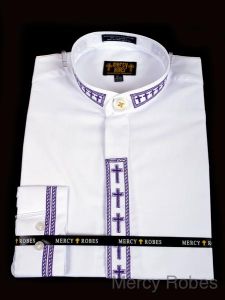 Mens Long Sleeve Neckband Shirt (White/Purple Cross Embroidery)