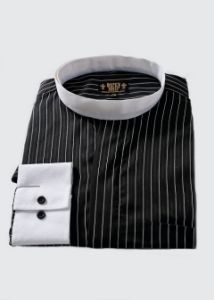 MENS BLACK WHITE PIN STRIPE CLERGY SHIRT WITH ATTACHED COLLAR