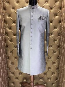 Exclusive Silk Designer Mens Short Robe Style Preaching Jacket Style 840 (Silver/Grey)
