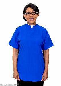 SALE Womens Short Sleeves Fabric Tab Clergy Blouse (Royal Blue) 01