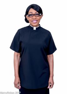 LADIES SHORT SLEEVES TAB CLERGY BLOUSE (BLACK)