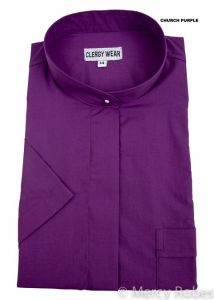Womens Short Sleeves Full Collar Clergy Shirt (Church Purple)