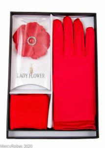 Womens Gloves, Hankie & Lapel Pin (Red)