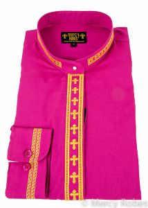 Womens Clergy Long Sleeve Neckband Shirt (Fuchsia/Gold)