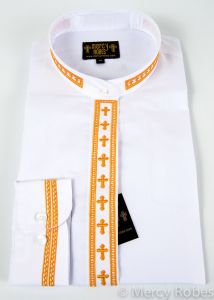 Womens Clergy Long Sleeve Neckband Shirt (White/Gold)