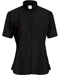 Womens Short Sleeves Tab Collar Clergy Shirt (Black)