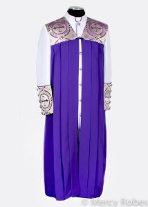 Mens Clergy Robe Cassock , Chimere ,Band Cinture Style Mercy 2018 (A) (White/Purple-Gold Lt)