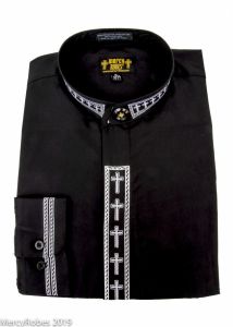 Mens Long Sleeve Neck Band Shirt (Black/White Cross Embroidery)