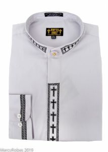 Mens Long Sleeve Neckband Shirt (Gray/Black Cross Embroidery)