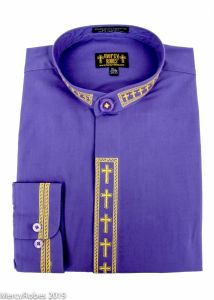 Mens Long Sleeve Neckband Shirt (Purple/Gold Cross Embroidery)