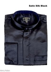 Mens Long Sleeves French Cuff Round Collar Satin Silk Clergy Shirt (Black)