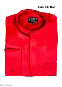 Mens Long Sleeves French Cuff Round Collar Satin Silk Clergy Shirt (Red)