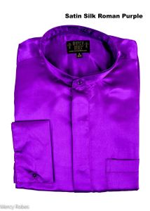 Mens Long Sleeves French Cuff Round Collar Satin Silk Clergy Shirt (Roman Purple)