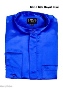 Mens Long Sleeves French Cuff Round Collar Satin Silk Clergy Shirt (Royal Blue)