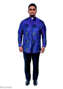 Mens Long Sleeves French Cuff Tab Collar Clergy Shirt (Royal Blue/Black Lt)
