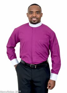 Mens Long Sleeve Clergy Shirt W/Contrast White Cuff (Red Purple)