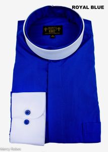 Mens Long Sleeve Clergy Shirt W/Contrast White Cuff (Royal Blue)