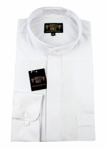 Mens Long Sleeve Standard Cuff Roman Pontiff Full Collar Clergy Shirt (White)