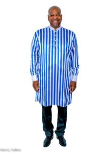 Mens Pinstripe French Cuff Clergy Kurta Shirt (White/Royal Blue)