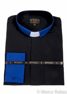 Two Tone Mens Long Sleeve Tab Collar Clergy Shirt (Black/Royal Blue)