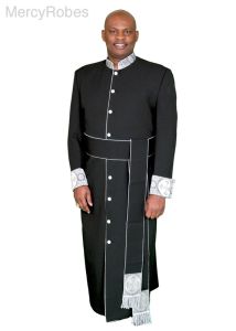 CLERGY ROBE STYLE EXG171(BLACK/BLK-SILVER LT) WITH BAND CINCTURE   