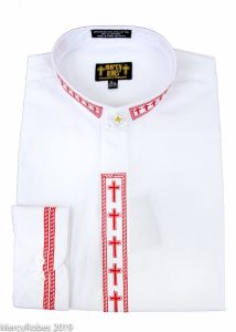 Mens Long Sleeve Neckband Shirt (White/Red Cross Embroidery)
