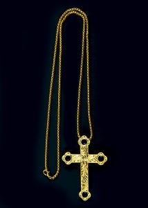 PECTORAL CROSS WITH CHAIN STYLE SBATS013 G-B (ROYAL BLUE STONES)