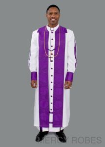 MENS CLERGY ROBE STYLE EXD185 EXCLUSIVE (WHITE/PURPLE LITURGICAL) WITH CHIMERE