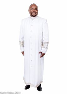 QUICK SHIP MENS CLERGY ROBE STYLE RS011 (WHITE/GOLD EMB LT)