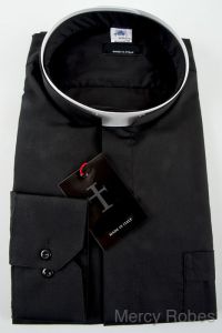 Mens Long Sleeve Premium Tonsure Collar Clergy Shirt Imported Italian (Black)