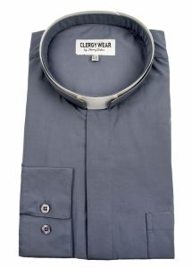 Mens Long Sleeve Tonsure Collar Clergy Shirt (Dark Grey) 01