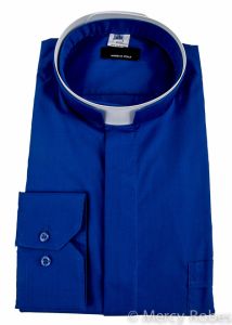 Mens Long Sleeve Premium Tonsure Collar Clergy Shirt (Royal Blue) Imported Italian