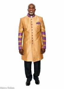 Exclusive Silk Designer Mens Short Robe Style Preaching Jacket Style 840 (Gold/Purple)