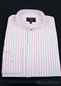 Mens Long Sleeve Pin Stripe Standard Cuff Full Collar Clergy Shirt (White/Red)